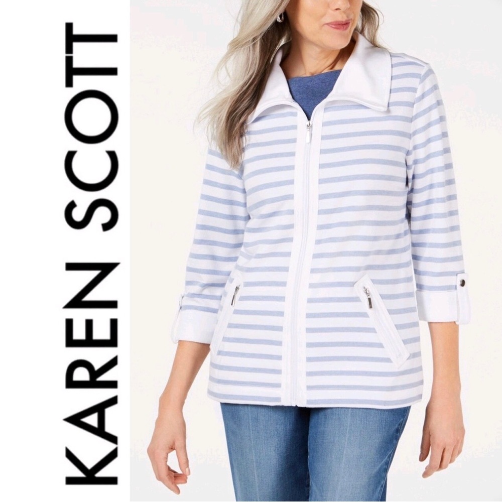 KAREN SCOTT Jacket Zipper Top 3/4 Sleeve White blue Striped Petite Medium Women
